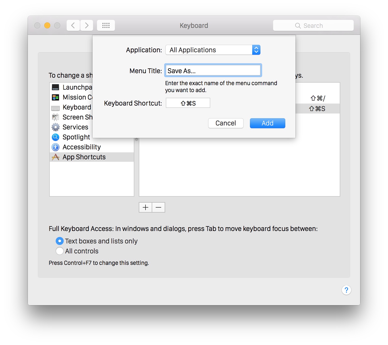 Save As Keyboard Shortcut in OS X