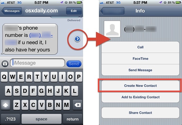 How to add phone number to ipad for text messages Save A Number From A Text Message To Create A New Contact Quickly On Iphone Osxdaily