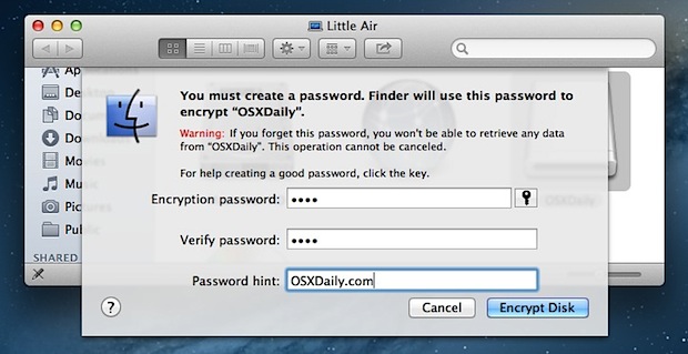 Encrypting an external disk from Mac OS X