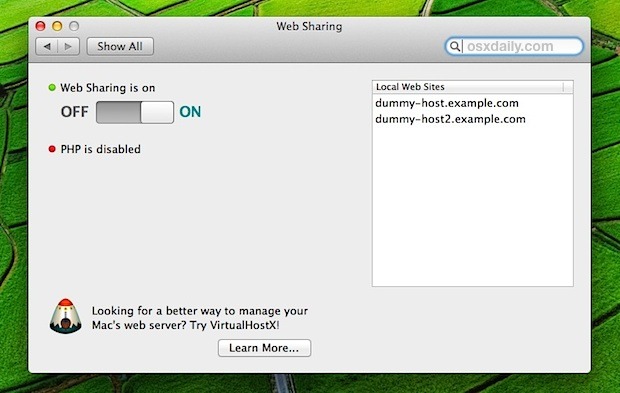 Web Sharing preference panel in OS X 