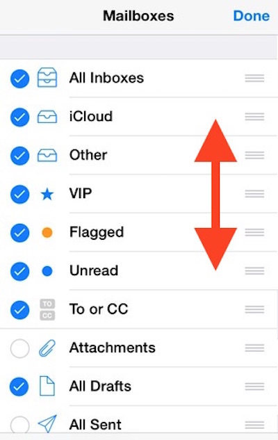Изменить порядок почтовых ящиков в iOS