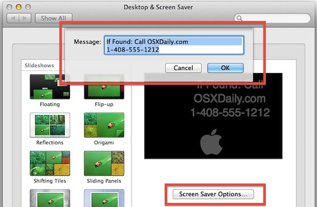 Customizing the screen saver message in Mac OS X