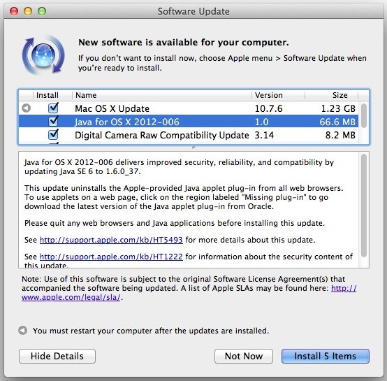 Java for OS X Update 2012-006 removes Java from browsers