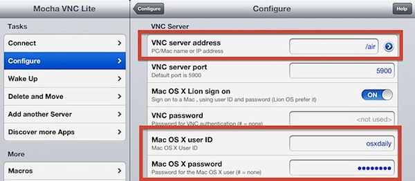 VNC configuration to connect iOS to Mac