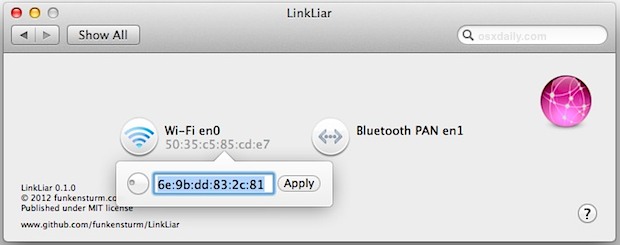 Change a MAC Address easily in OS X with LinkLiar