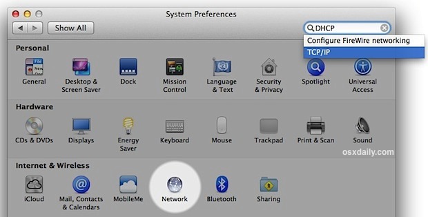 Search System Preferences in Mac OS X