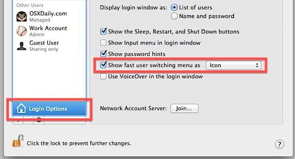 Show Fast User Switching to quickly change user accounts