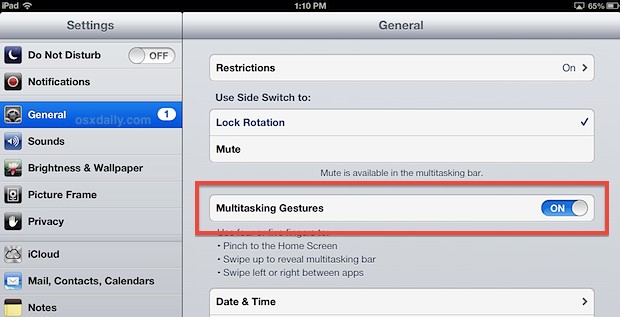 Enable multitasking gestures on iPad