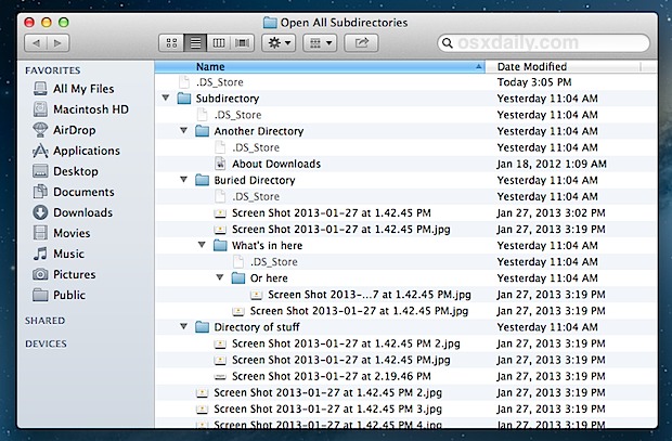 Recursive directory listings in Mac OS X