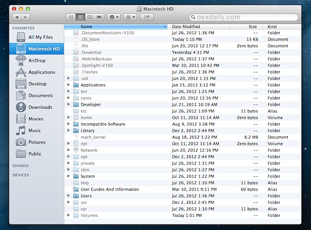 Full listing of the root directory in Mac OS X Finder