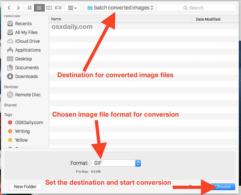 Set the destination and file format for converted image files to convert to, then start converting in Preview for Mac OS X