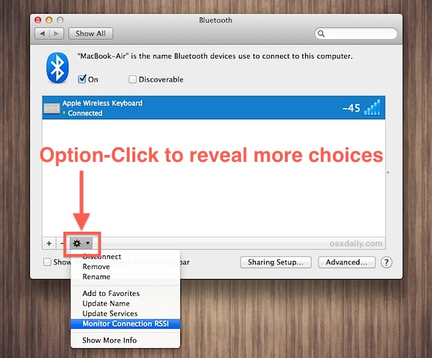 Show the Bluetooth connection monitor option in OS X