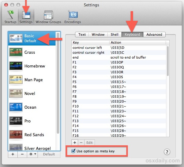 Enable Meta key as Option in Mac OS X Terminal 