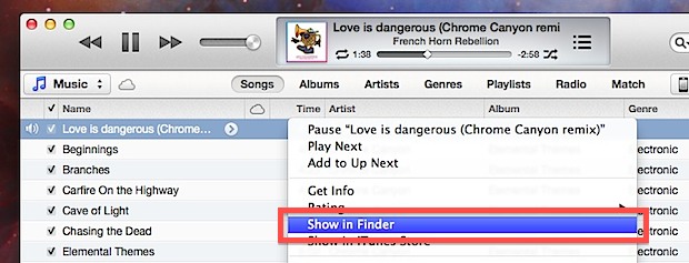 Show iTunes song in the file system instantly
