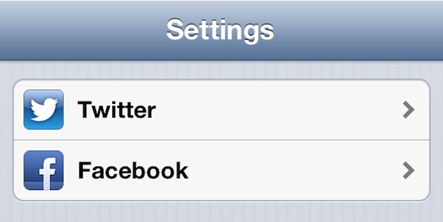 Twitter and Facebook settings in iOS