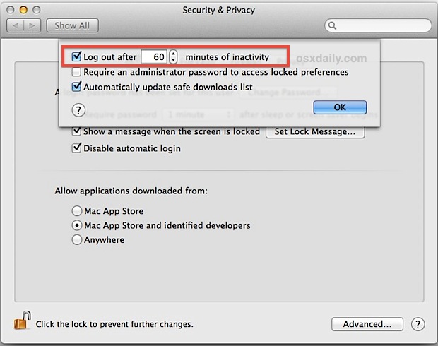 Enable Automatic Log Out in Mac OS X