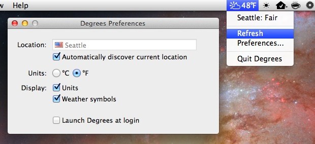 Degrees menu bar item shows the weather