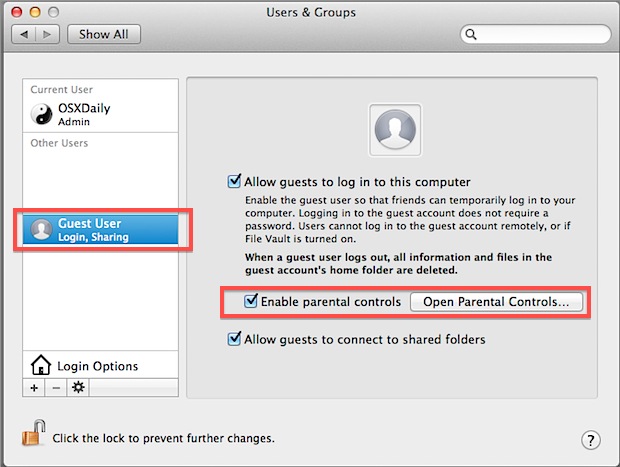 Enable restrictions for the Guest Account