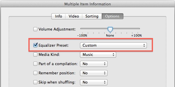 Set a specific equalizer for multiple items in iTunes
