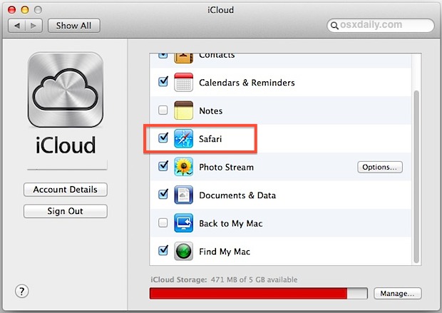 Включить синхронизацию закладок в iCloud и Safari для Mac OS X