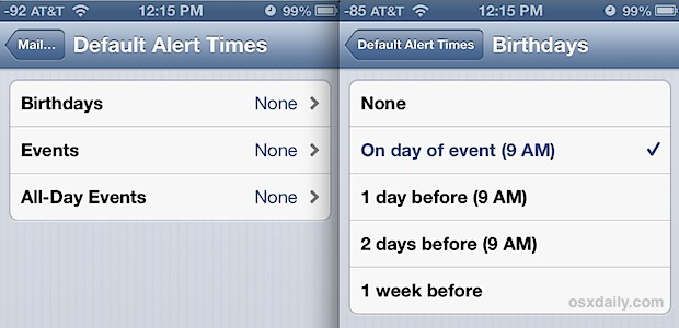 Change the default alert times in iOS