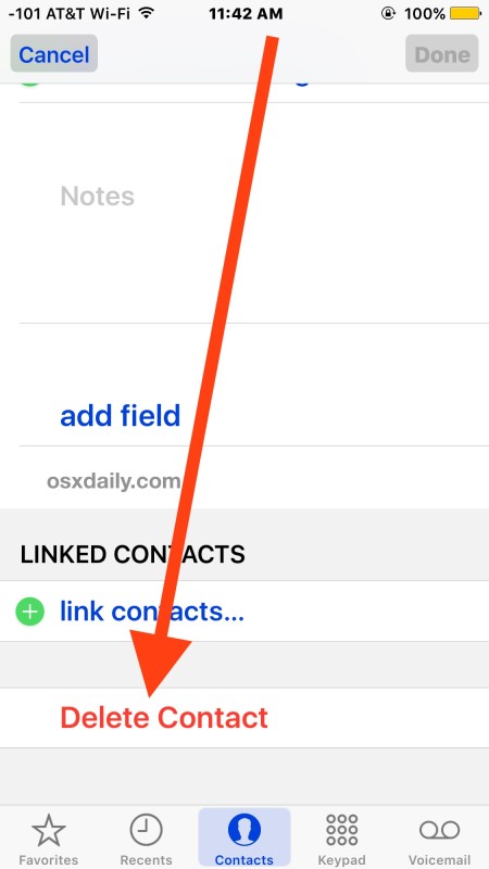 Delete a contact from iPhone with iOS in Contacts app