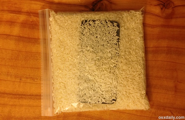 iPhone in a bag of rice to prevent water damage