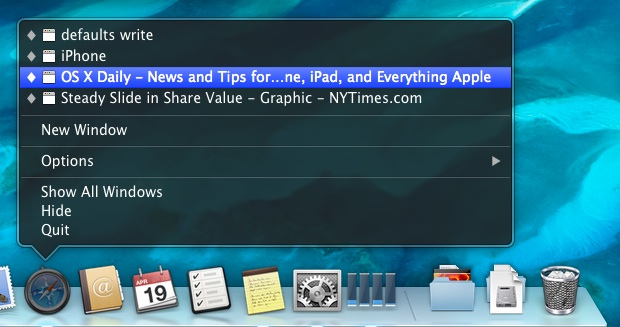 Minimized windows stored in the application icon of Mac OS X Dock