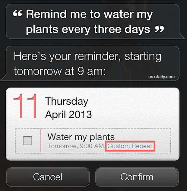 Repeat interval reminders added through Siri in iOS