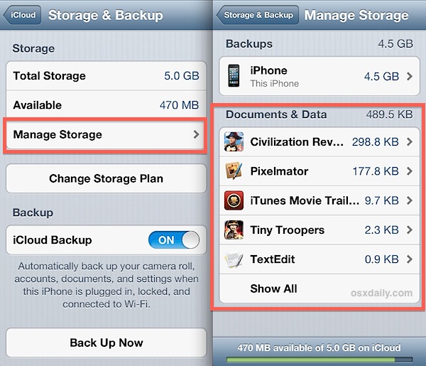 View which apps have documents stored in iCloud from iOS
