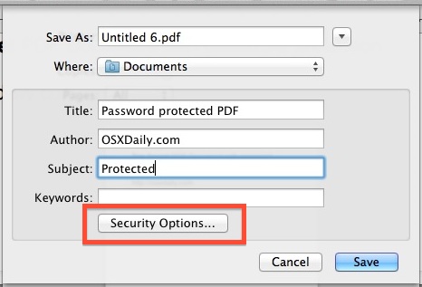 Add a password to protect the PDF with Security Options