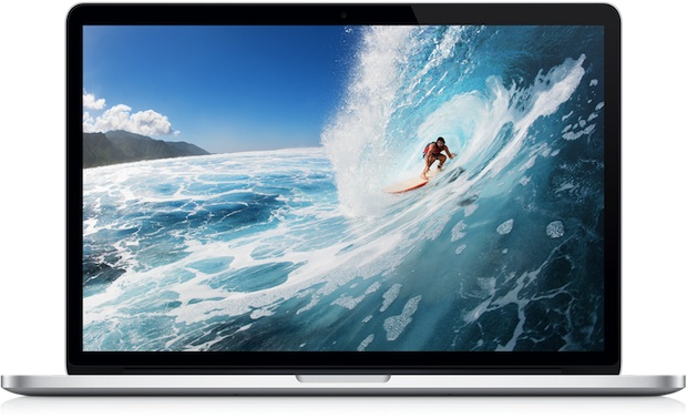 Apple product shot of MacBook Pro Retina with a surfer riding wave