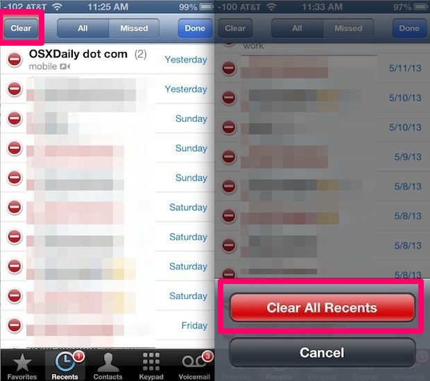 Clear All items from call history on the iPhone