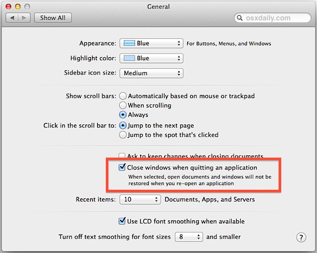 Always close windows when quitting applications in Mac OS X
