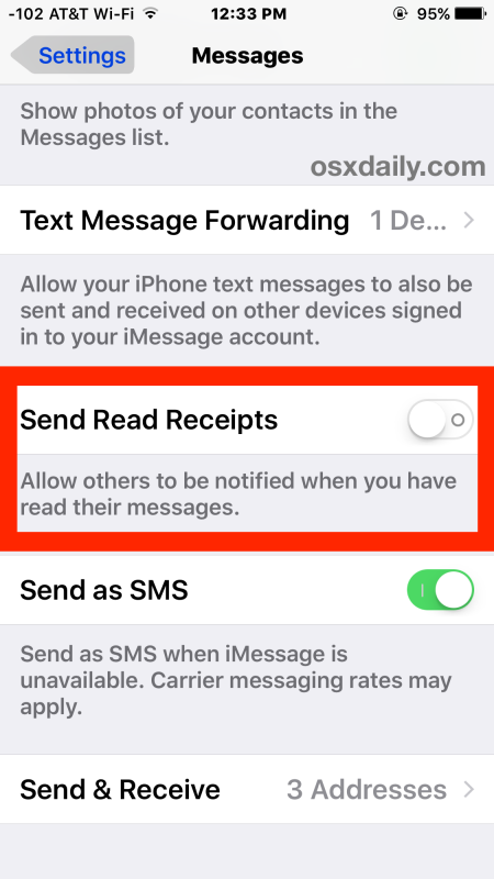 Disable read receipts in Messages for iOS