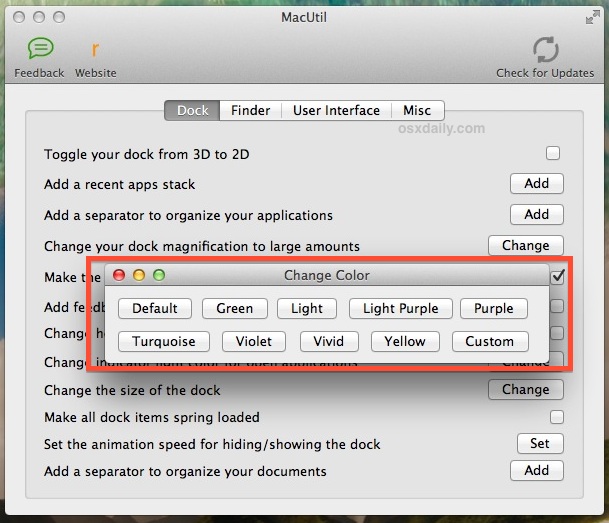 Change Dock indicator lights to new colors with MacUtil