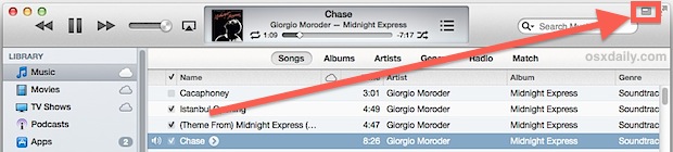 Mini player button turns iTunes into tiny music controls