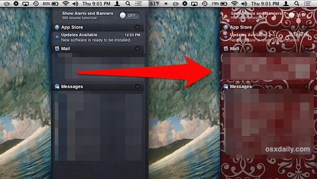 Notification Center wallpaper background before and after being replaced in OS X 