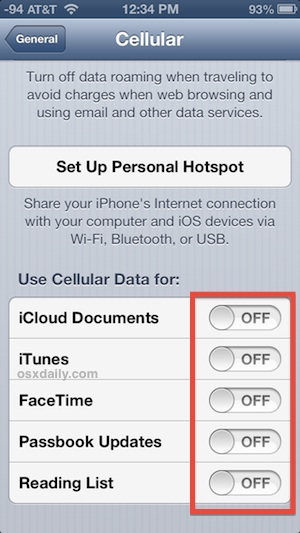 Turn off cellular data for services and iCloud