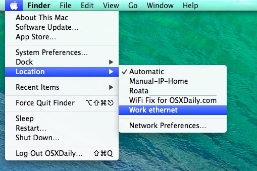 Change network locations quickly in Mac OS X