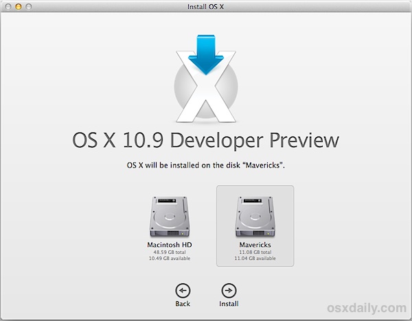 Install OS X Mavericks onto the new partition for dual booting
