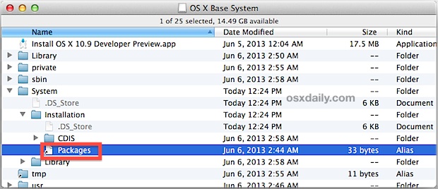 Delete OS X Mavericks Packages link