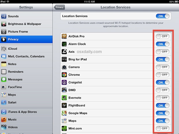 Turn off Location Services for apps on the iPad