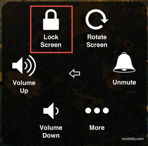 Virtual Power Button in iOS labeled as "Lock Screen"