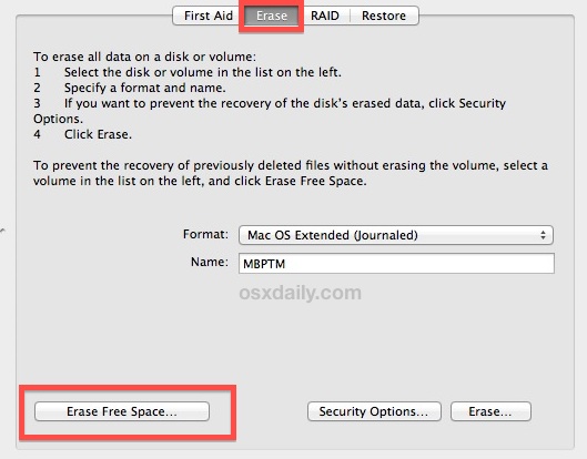 Erase free space on a hard drive