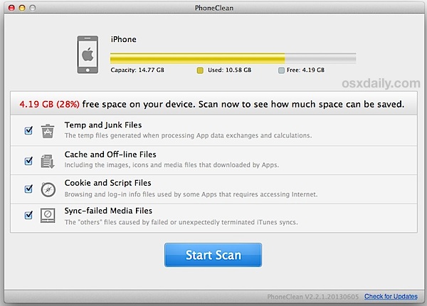 Scan an iPhone or iPad for temporary files and app caches