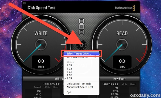 Select the external drive to run disk speed test on 