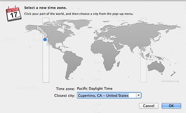 Set the Time Zone for Calendar app in Mac OS X