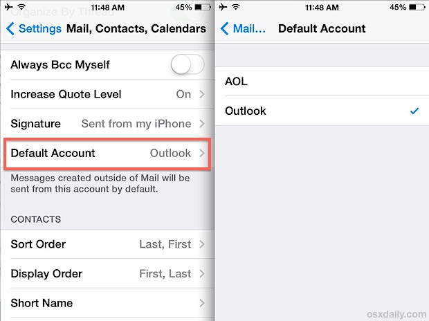 Change the default Mail account in iOS Mail app on iPhone, iPad, and iPod touch
