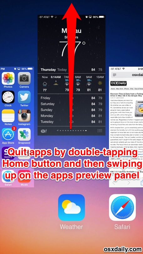 Quit apps in iOS 7 with a swipe up gesture